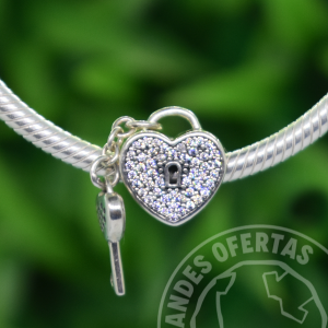 Charm Candado Corazon Brillante y Llave Plata