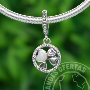 Charm Trebol Corazones Blancos Plata