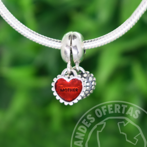 Charm Doble Corazones Rojos Madre e Hija Plata